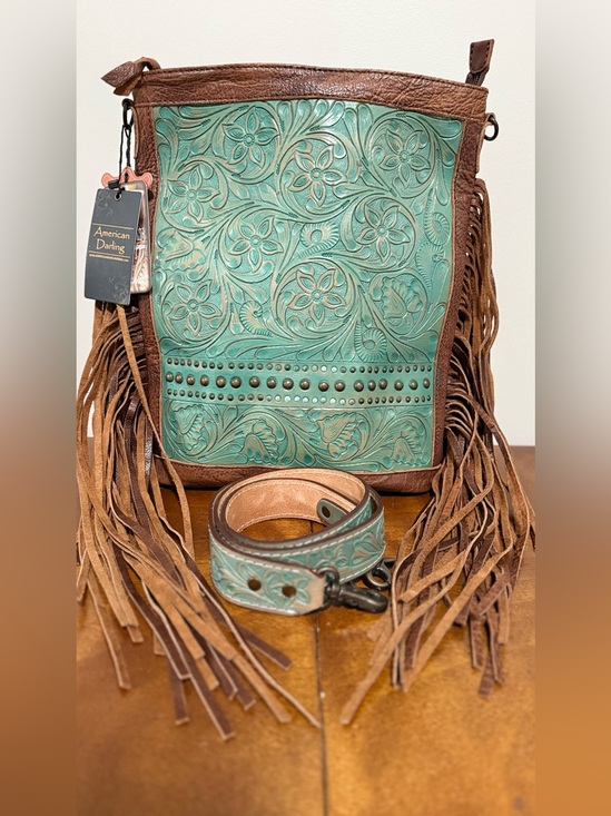 American Darling Handbags - American Darling Turquoise Tooled Leather Fringe Crossbody with Brown Accents